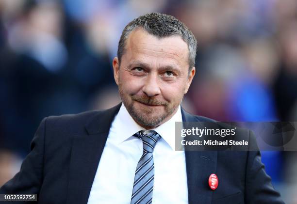 Slavisa Jokanovic, Manager of Fulham looks on prior to the Premier League match between Cardiff City and Fulham FC at Cardiff City Stadium on October...