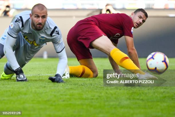 S Serbian goalkeeper Vanja Milinkovic-Savic and AS Rome's Bosnian forward Edin Dzeko eye the ball during the Italian Serie A football match AS Roma...
