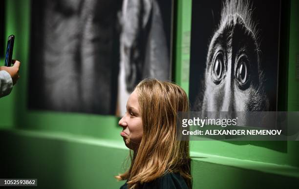 Visitor poses in front of a photograph 'Monkey Eyes' by Tim Flach, a British photographer who specialises in studio photography of animals, during...