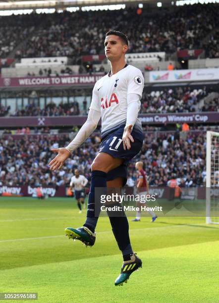 Erik Lamela of Tottenham Hotspur celebrates after scoring his team's first goal during the Premier League match between West Ham United and Tottenham...