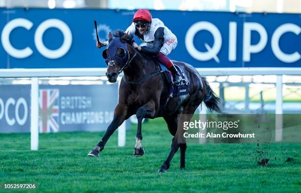 Frankie Dettori celebrates as he rides Cracksman to win The Qipco Champion Stakes at Ascot Racecourse on October 20, 2018 in Ascot, United Kingdom.
