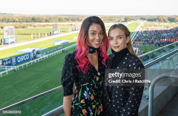 Katarina Johnson-Thompson and Jodie Comer attend the QIPCO British Champions Day at Ascot Racecourse on October 20, 2018 in Ascot, England.