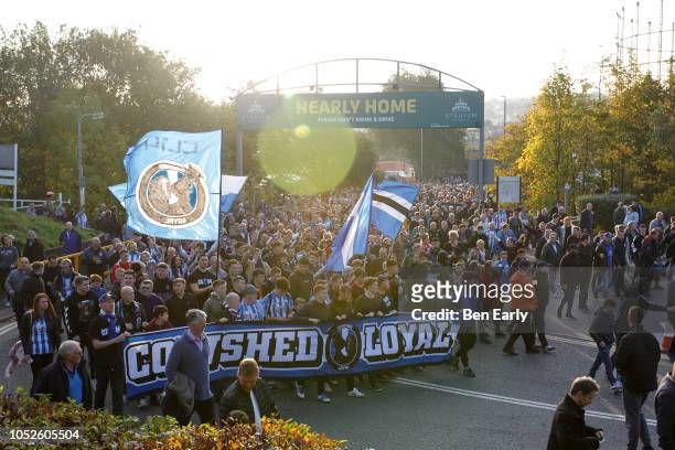 Huddersfield Town fans before the Premier League match between Huddersfield Town and Liverpool FC at John Smith's Stadium on October 20, 2018 in...