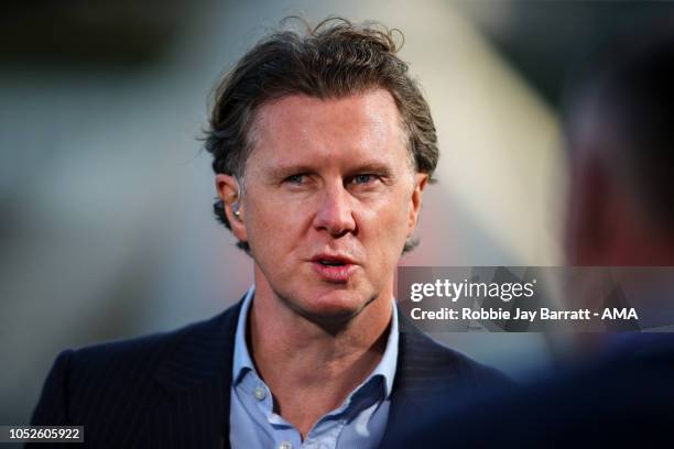 Steve McManaman looks on prior to the Premier League match between Huddersfield Town and Liverpool FC at John Smith's Stadium on October 20, 2018 in...