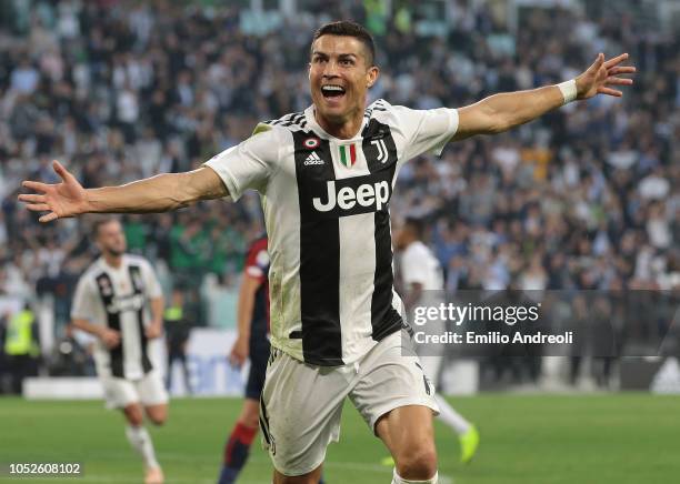 Cristiano Ronaldo of Juventus FC celebrates after scoring the opening goal during the Serie A match between Juventus and Genoa CFC at Allianz Stadium...