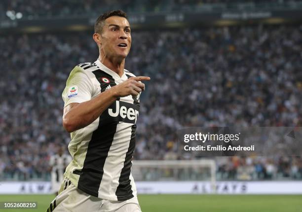 Cristiano Ronaldo of Juventus FC celebrates after scoring the opening goal during the Serie A match between Juventus and Genoa CFC at Allianz Stadium...