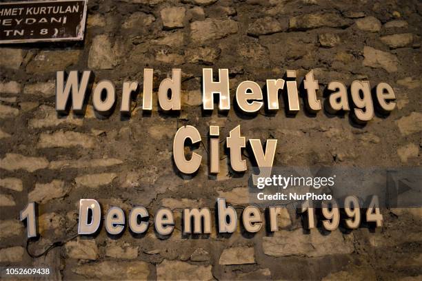 Sign reading 'World Heritage City, December 1, 1994' is seen in Safranbolu town in the northern city of Karabuk, Turkey on October 20, 2018....
