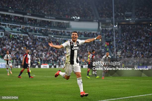 Cristiano Ronaldo of Juventus celebrates after scoring the opening goal during the Serie A match between Juventus and Genoa CFC at Allianz Stadium on...