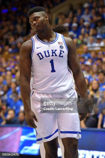 Zion Williamson of the Duke Blue Devils reacts during Countdown to Craziness at Cameron Indoor Stadium on October 19, 2018 in Durham, North Carolina.