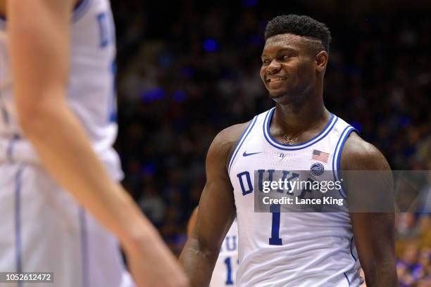 Zion Williamson of the Duke Blue Devils reacts during Countdown to Craziness at Cameron Indoor Stadium on October 19, 2018 in Durham, North Carolina.