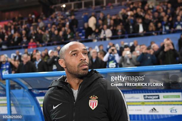 Monaco's French coach Thierry Henry looks on before the French L1 football match between Strasbourg and Monaco at the Meinau stadium in Strasbourg,...