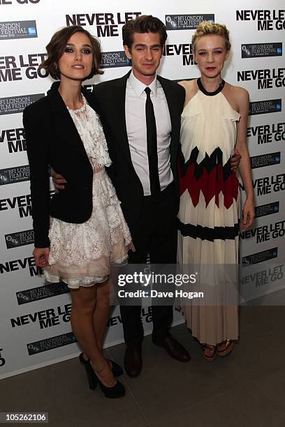 Keira Knightley, Andrew Garfield and Carey Mulligan attend the premiere afterparty of Never Let Me Go held at The Saatchi Gallery on October 13, 2010...