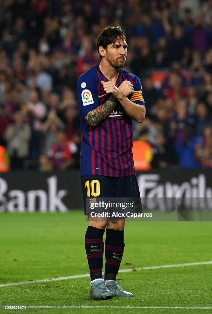 Lionel Messi of FC Barcelona celebrates after scoring his sides... News