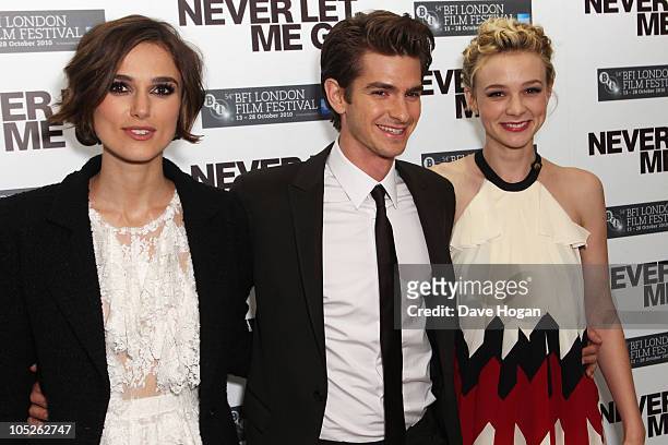Keira Knightley, Andrew Garfield and Carey Mulligan attend the premiere afterparty of Never Let Me Go held at The Saatchi Gallery on October 13, 2010...