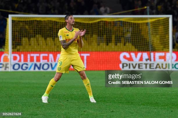 Nantes' Argentinian forward Emiliano Sala celebrates after scoring a third goal during the French L1 football match Nantes vs Toulouse, at the La...