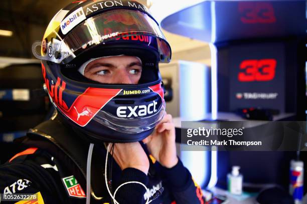 Max Verstappen of Netherlands and Red Bull Racing prepares to drive in the garage during qualifying for the United States Formula One Grand Prix at...