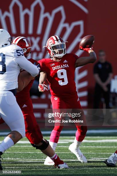 Michael Penix Jr. #9 of the Indiana Hoosiers throws a pass in the second quarter of the game against the Penn State Nittany Lions at Memorial Stadium...