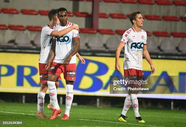 Kanu Rubenilson Dos Santos midfielder of Kortrijk celebrates with teammates after scoring pictured during the Jupiler Pro League match between KV...