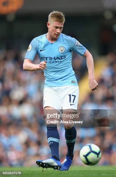 Kevin De Bruyne of Manchester City passes the ball during the Premier League match between Manchester City and Burnley FC at Etihad Stadium on...
