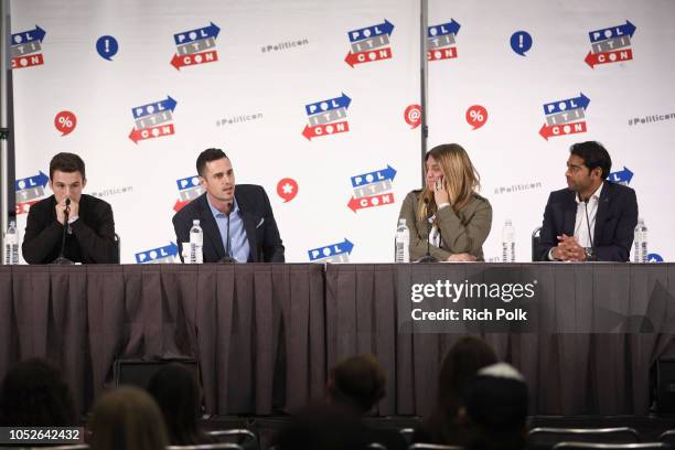 Cameron Kasky, Ben Higgins, Alison Brettschneider, and Steven Olikara speak onstage during Politicon 2018 at Los Angeles Convention Center on October...