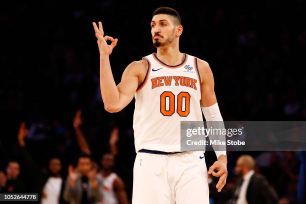 Enes Kanter of the New York Knicks celebrates after hitting a three point basket against the Boston Celtics at Madison Square Garden on October 20,...