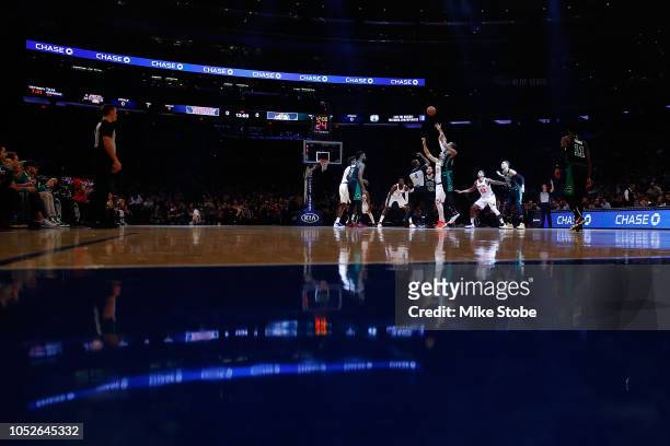 General view of tip-off between the New York Knicks and the Boston Celtics at Madison Square Garden on October 20, 2018 in New York City.