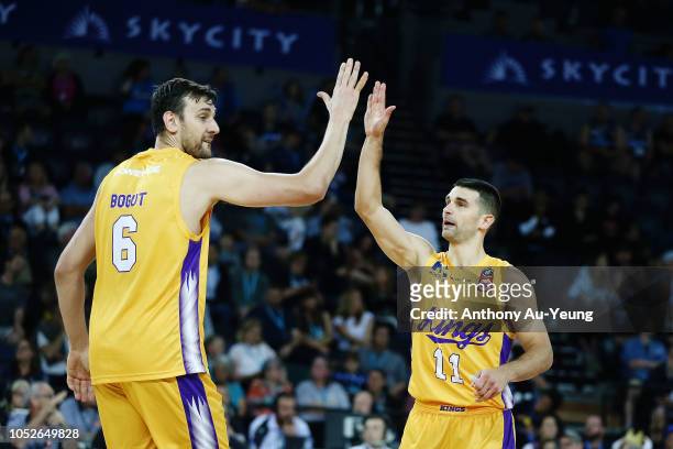 Kevin Lisch and Andrew Bogut of the Kings celebrate during the round two NBL match between the New Zealand Breakers and the Sydney Kings at Spark...