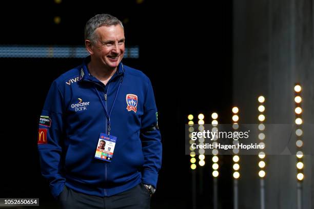 Coach Ernie Merrick of the Jets looks on during the round one A-League match between the Wellington Phoenix and the Newcastle Jets at Westpac Stadium...