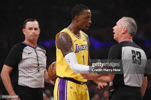 Kentavious Caldwell-Pope of the Los Angeles Lakers argues a call with referee Jason Phillips during the first quarter of the game between the Houston...