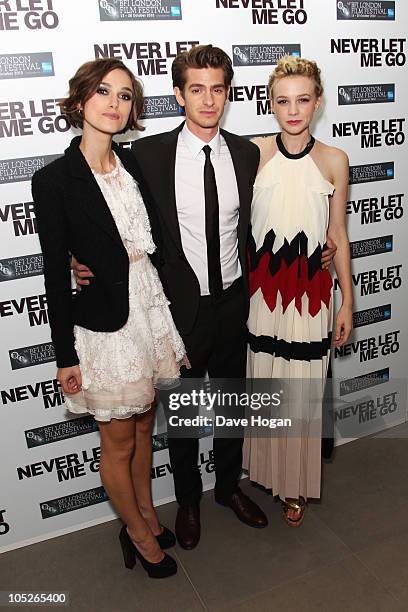 Keira Knightley, Andrew Garfield and Carey Mulligan attend the premiere afterparty of Never Let Me Go held at The Saatchi Gallery on October 13, 2010...