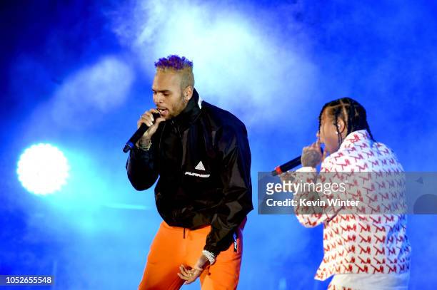 Chris Brown and Tyga performs onstage during "We Can Survive, A Radio.com Event" at The Hollywood Bowl on October 20, 2018 in Los Angeles, California.