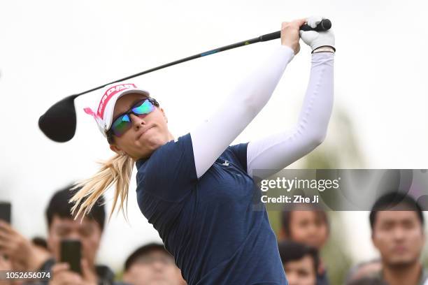 Jodi Ewart Shadoff of England plays a shot in the final round of the Buick LPGA Shanghai 2018 at Shanghai Qizhong Garden Golf Club on October 21,...