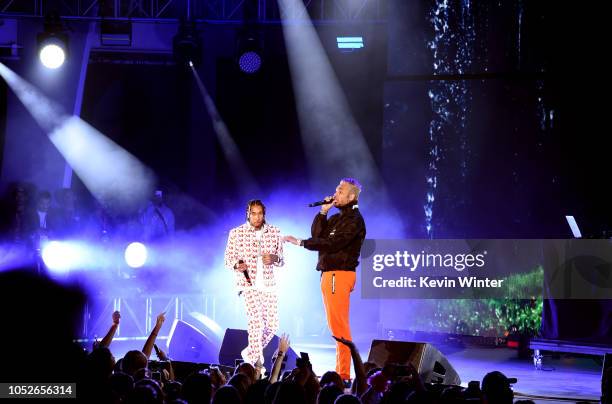 Tyga and Chris Brown performs onstage during "We Can Survive, A Radio.com Event" at The Hollywood Bowl on October 20, 2018 in Los Angeles, California.