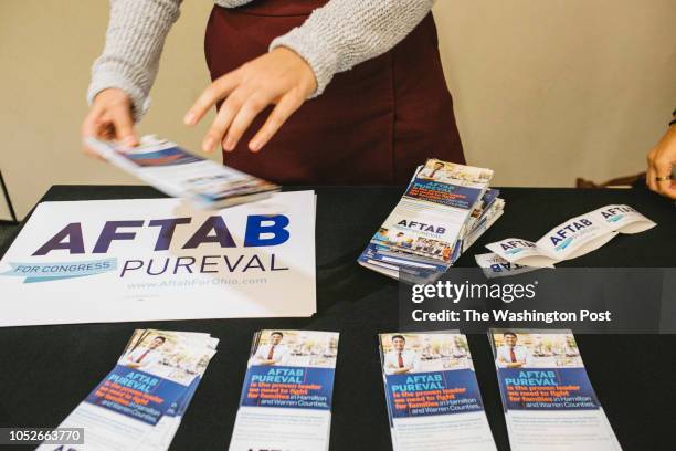 Representing Aftab Pureval, Sarah Kaplan, center, spoke to voters at a meet-and-greet before debates on October 16, 2018 in Cincinnati, Ohio at the...