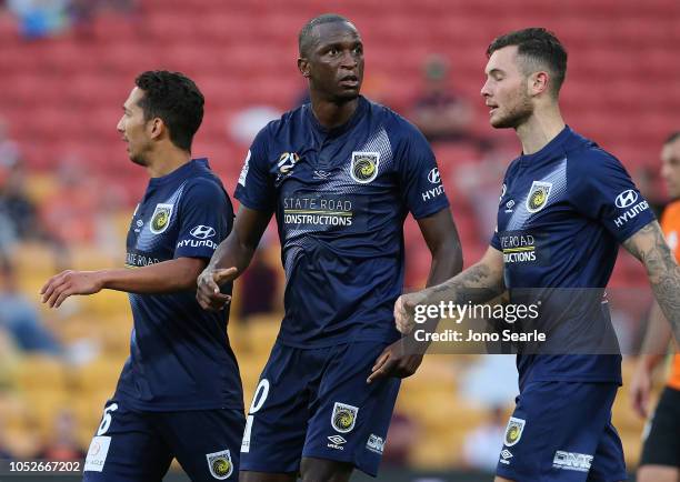 Kalifa Cisse of the Mariners reacts after his goal was disallowed during the round one A-League match between the Brisbane Roar and the Central Coast...