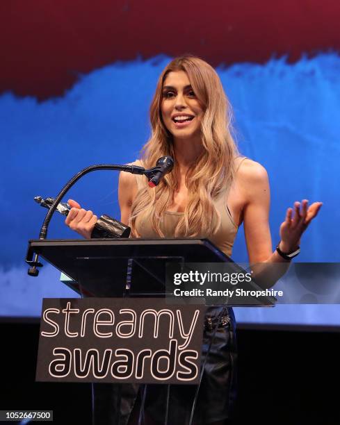 Pautips accepts award on stage at the 2018 Streamys Premiere Awards at The Broad Stage on October 20, 2018 in Santa Monica, California.