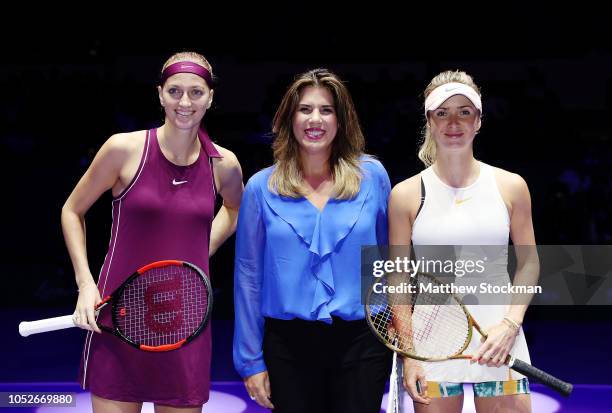 Petra Kvitova of the Czech Republic, Jennifer Capriati and Elina Svitolina of the Ukraine pose for a photo prior to the start of their singles march...