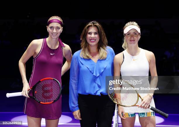 Petra Kvitova of the Czech Republic, Jennifer Capriati and Elina Svitolina of the Ukraine pose for a photo prior to the start of their singles march...