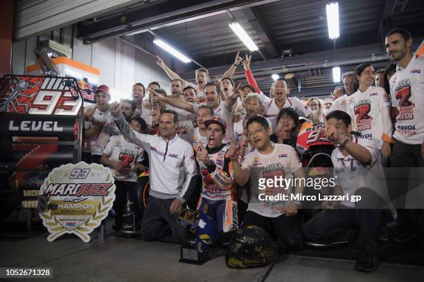 Marc Marquez of Spain and Repsol Honda Team celebrates the MotoGP victory and becoming the 2018 MotoGP champion at the end of the MotoGP race with...