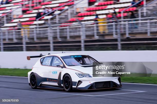Jordi Gene drives the CUPRA e-Racer during the ETCR launch event at Circuit de Barcelona-Catalunya on October 21, 2018 in Montmelo, Spain. The ETCR...