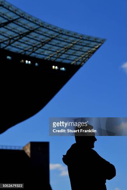 Pal Dardai, Manager of Hertha BSC looks on prior to the Bundesliga match between Hertha BSC and Sport-Club Freiburg at Olympiastadion on October 21,...