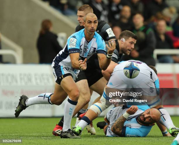 Ruan Pienaar of Montpellier passes the ball during the Champions Cup match between Newcastle Falcons and Montpellier Herault Rugby at Kingston Park...