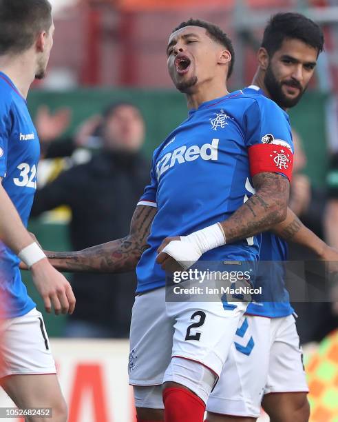 James Tavernier of Rangers celebrates scoring his sides third goal during the Scottish Ladbrokes Premiership match between Hamilton Academicals and...