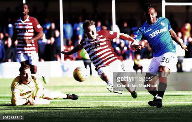 Alfredo Morelos of Rangers scores his sides fourth goal during the Scottish Ladbrokes Premiership match between Hamilton Academicals and Rangers at...