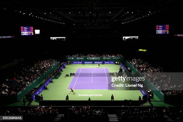 General view of the court action between Caroline Wozniacki of Denmark and Karolina Pliskova of Czech Republic on day 1 of the 2018 BNP Paribas WTA...