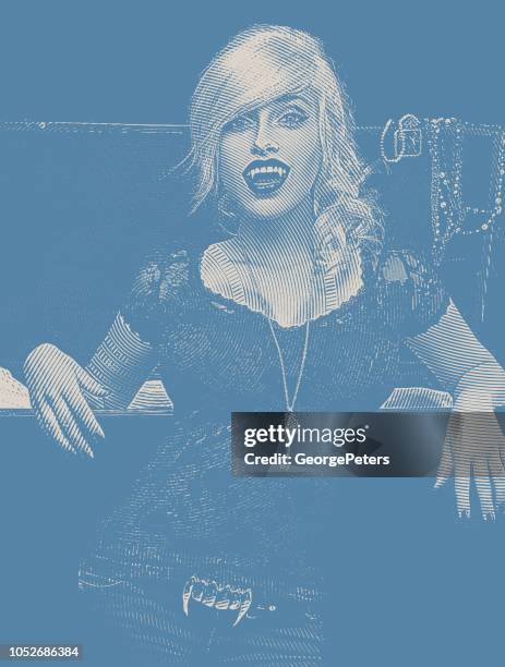 beautiful female vampire and open coffin - goth stock illustrations