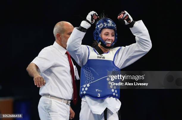 Jade Jones of Great Britain celebrates after victory over Inese Tarvida of Latvia in the Quarter-Finals of the Women's -57kg class at the WTF World...