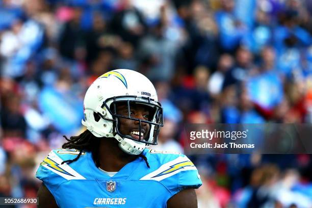Mike Williams of the Los Angeles Chargers celebrates after scoreing his sides second touchdown during the NFL International Series game between...