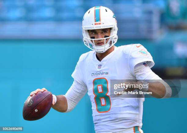 Quarterback Brock Osweiler of the Miami Dolphins warms up before the game against the Detroit Lions at Hard Rock Stadium on October 21, 2018 in...