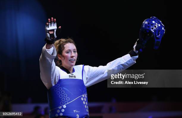 Jade Jones of Great Britain celebrates after her victory over Skylar Park of Canada in the Semi-Finals of the Women's -57kg class at the WTF World...